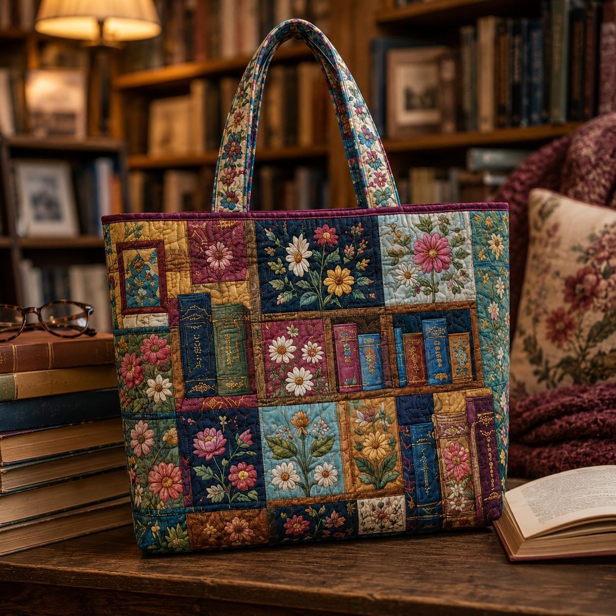 Personalized Quilted Styleed Book Tote Bag with Bookshelf Shoulder Bag and Floral Library Patchwork Purse Reader Gift For Her - photo 6