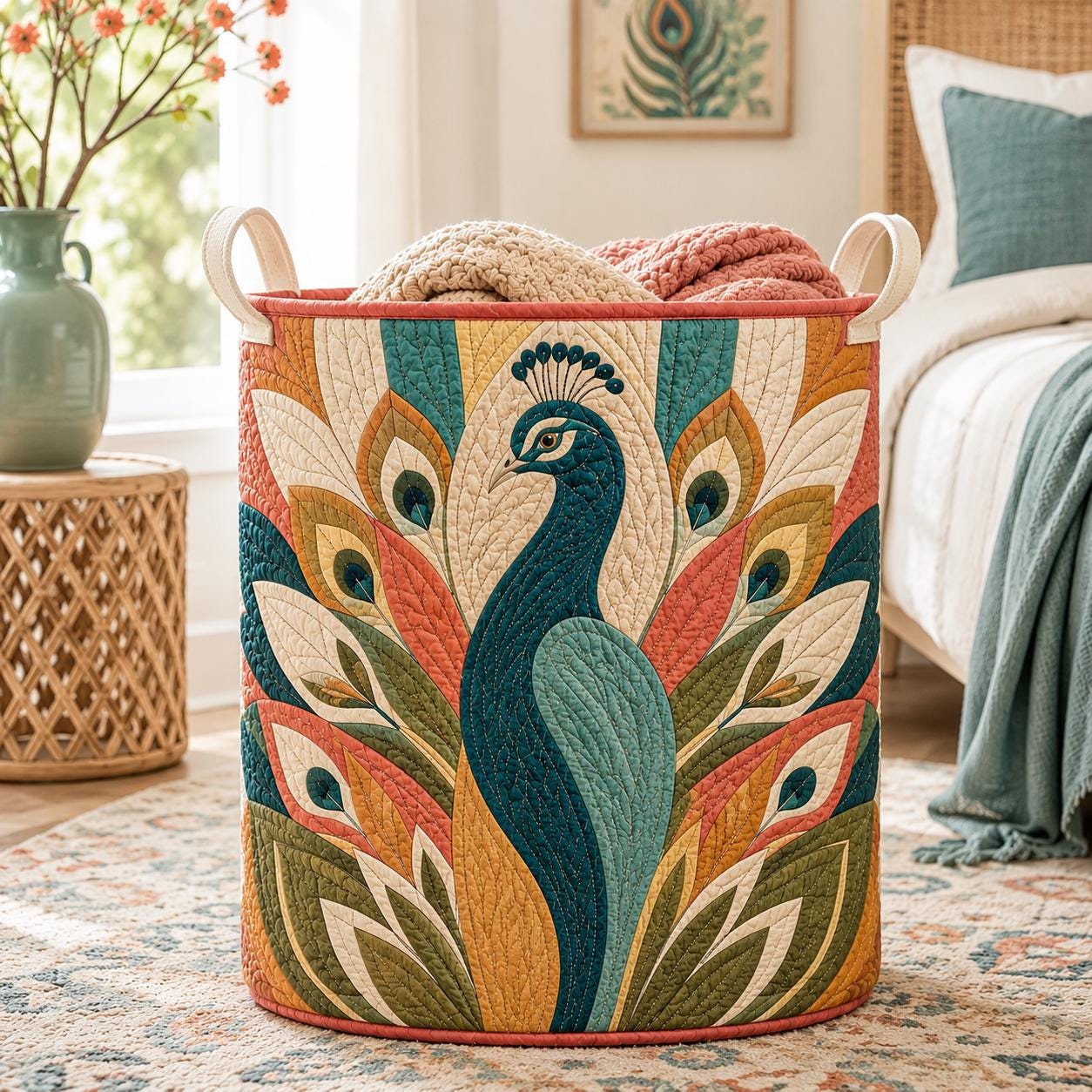 Peacock Quilted Styleed Laundry Basket with Bird Feather Hamper and Boho Storage Bin Colorful Laundry Room Decor Peacock Lover Gift