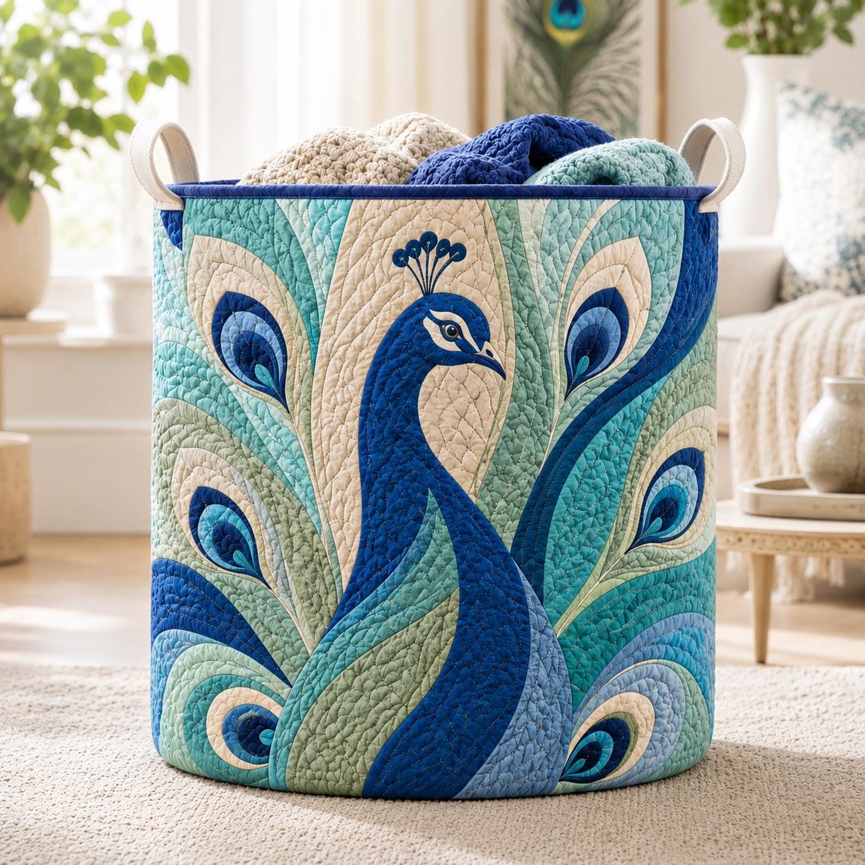 Peacock Quilted Styleed Laundry Basket with Bird Feather Hamper and Boho Storage Bin Colorful Laundry Room Decor Peacock Lover Gift - photo 2