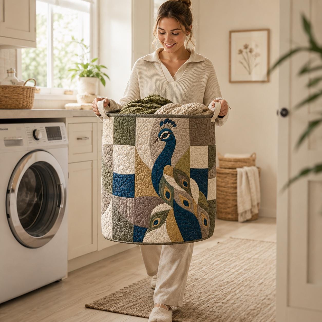 Peacock Quilted Styleed Laundry Basket with Bird Feather Hamper and Boho Storage Bin Colorful Laundry Room Decor Peacock Lover Gift - photo 3