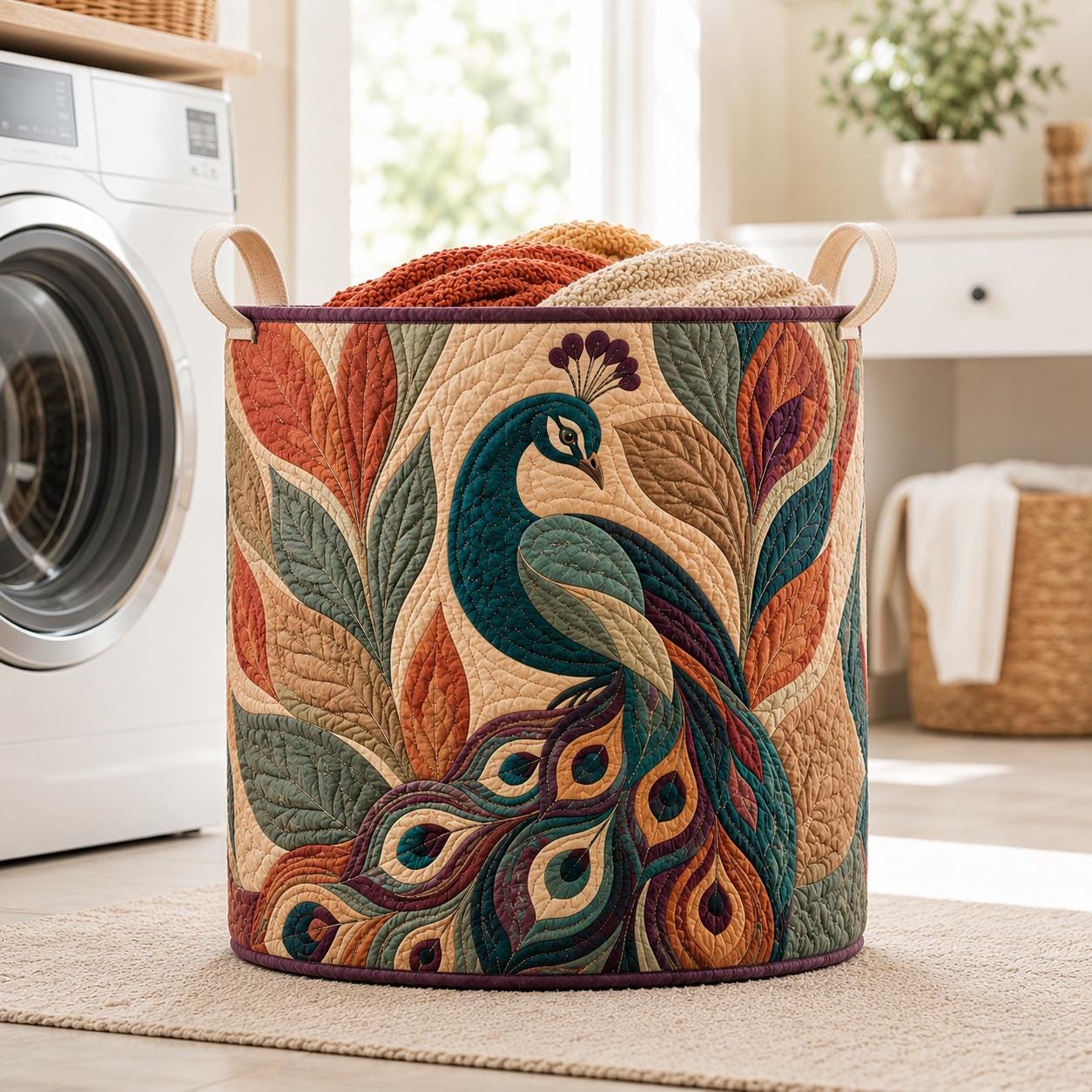 Peacock Quilted Styleed Laundry Basket with Bird Feather Hamper and Boho Storage Bin Colorful Laundry Room Decor Peacock Lover Gift - photo 5