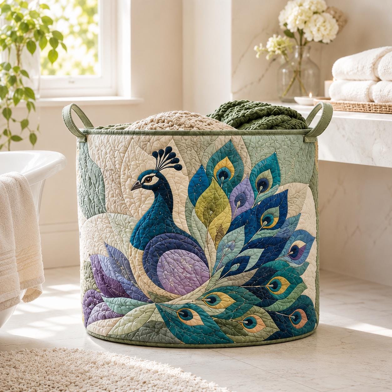 Peacock Quilted Styleed Laundry Basket with Bird Feather Hamper and Boho Storage Bin Colorful Laundry Room Decor Peacock Lover Gift - photo 6