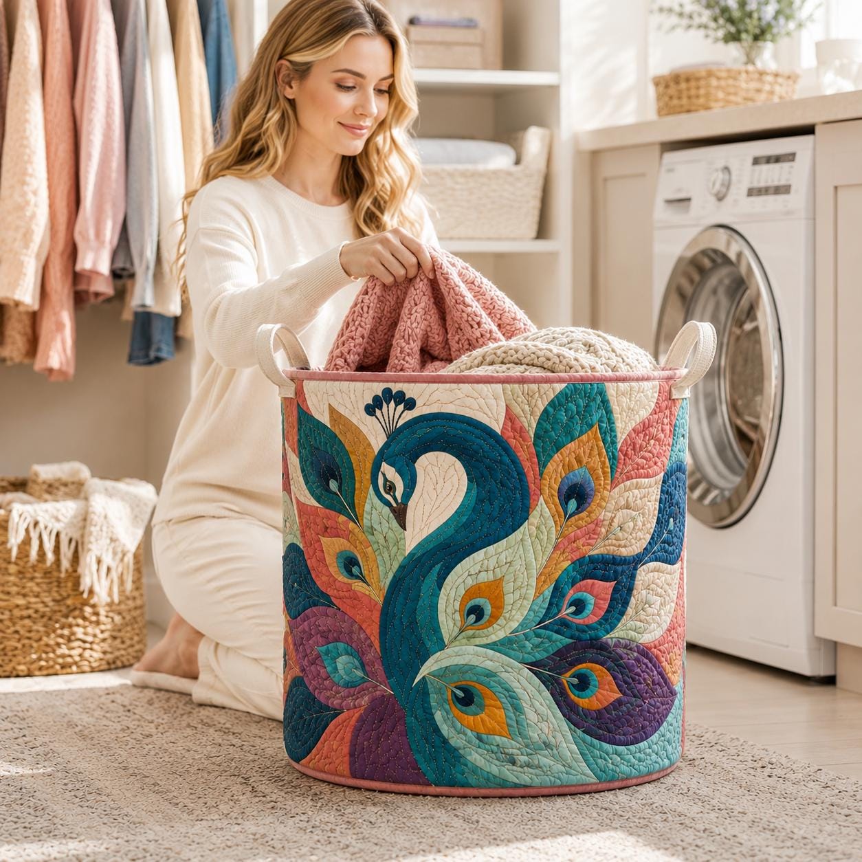 Peacock Quilted Styleed Laundry Basket with Bird Feather Hamper and Boho Storage Bin Colorful Laundry Room Decor Peacock Lover Gift - photo 7