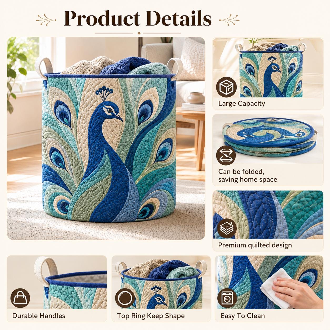 Peacock Quilted Styleed Laundry Basket with Bird Feather Hamper and Boho Storage Bin Colorful Laundry Room Decor Peacock Lover Gift - photo 8