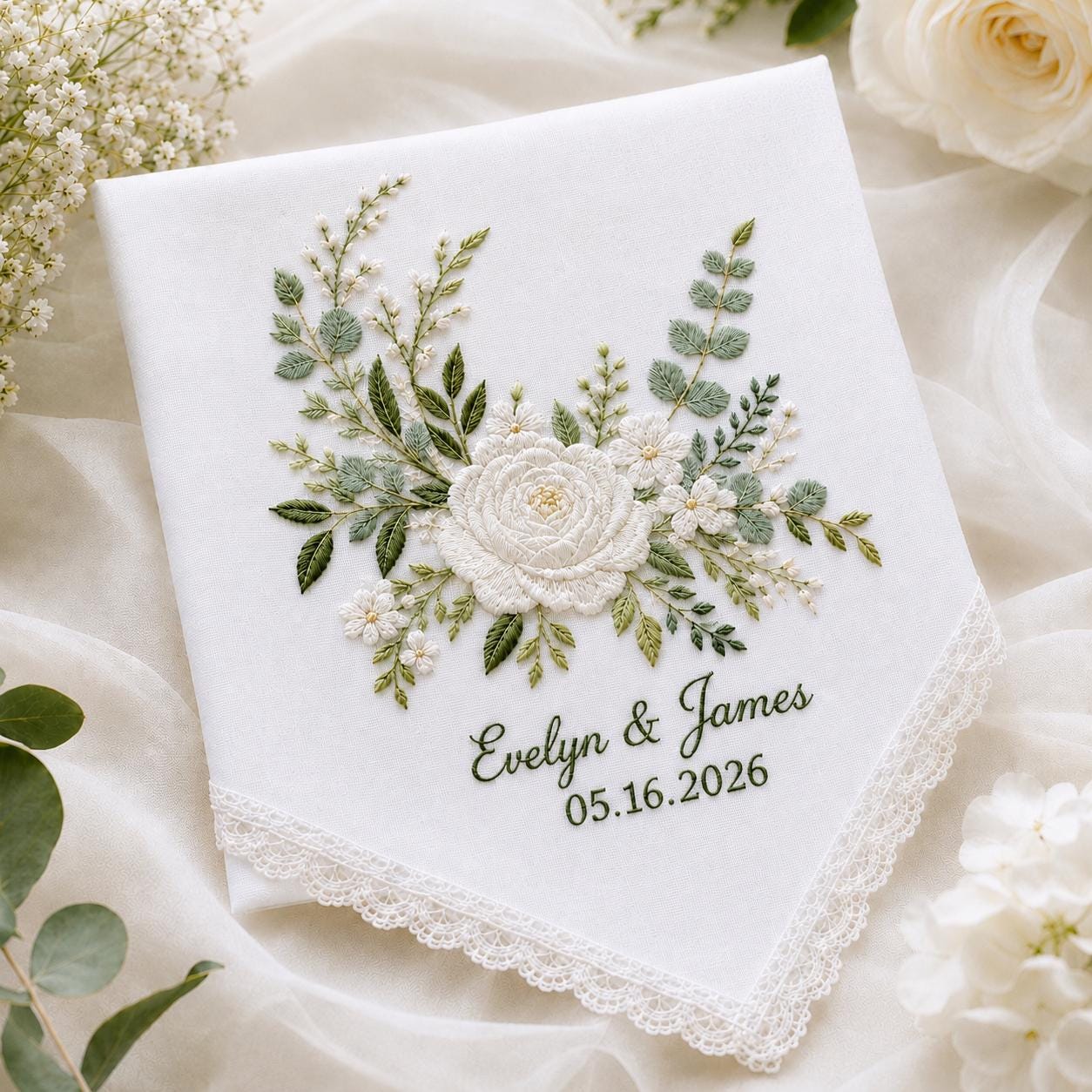 Embroidered Wedding Handkerchief with Custom Floral Hankie for Bride and Bridal Gift Personalized with Name and Date