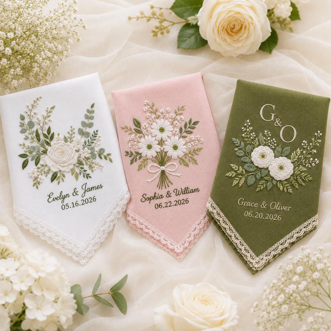Embroidered Wedding Handkerchief with Custom Floral Hankie for Bride and Bridal Gift Personalized with Name and Date - photo 2