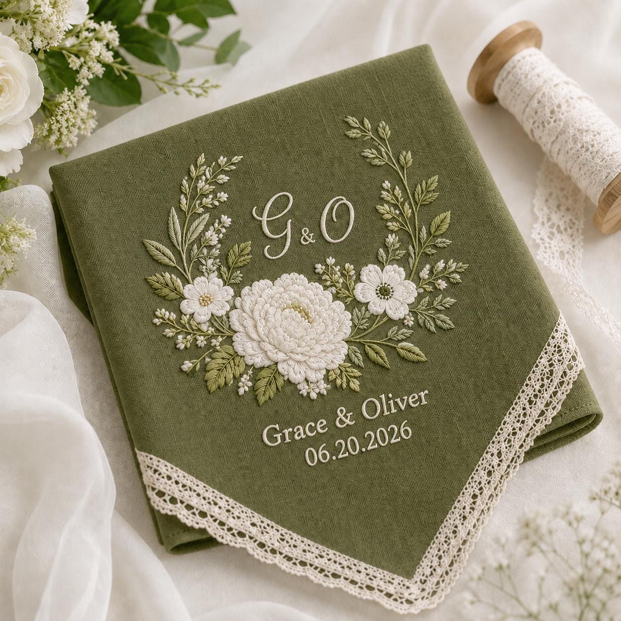 Embroidered Wedding Handkerchief with Custom Floral Hankie for Bride and Bridal Gift Personalized with Name and Date - photo 3