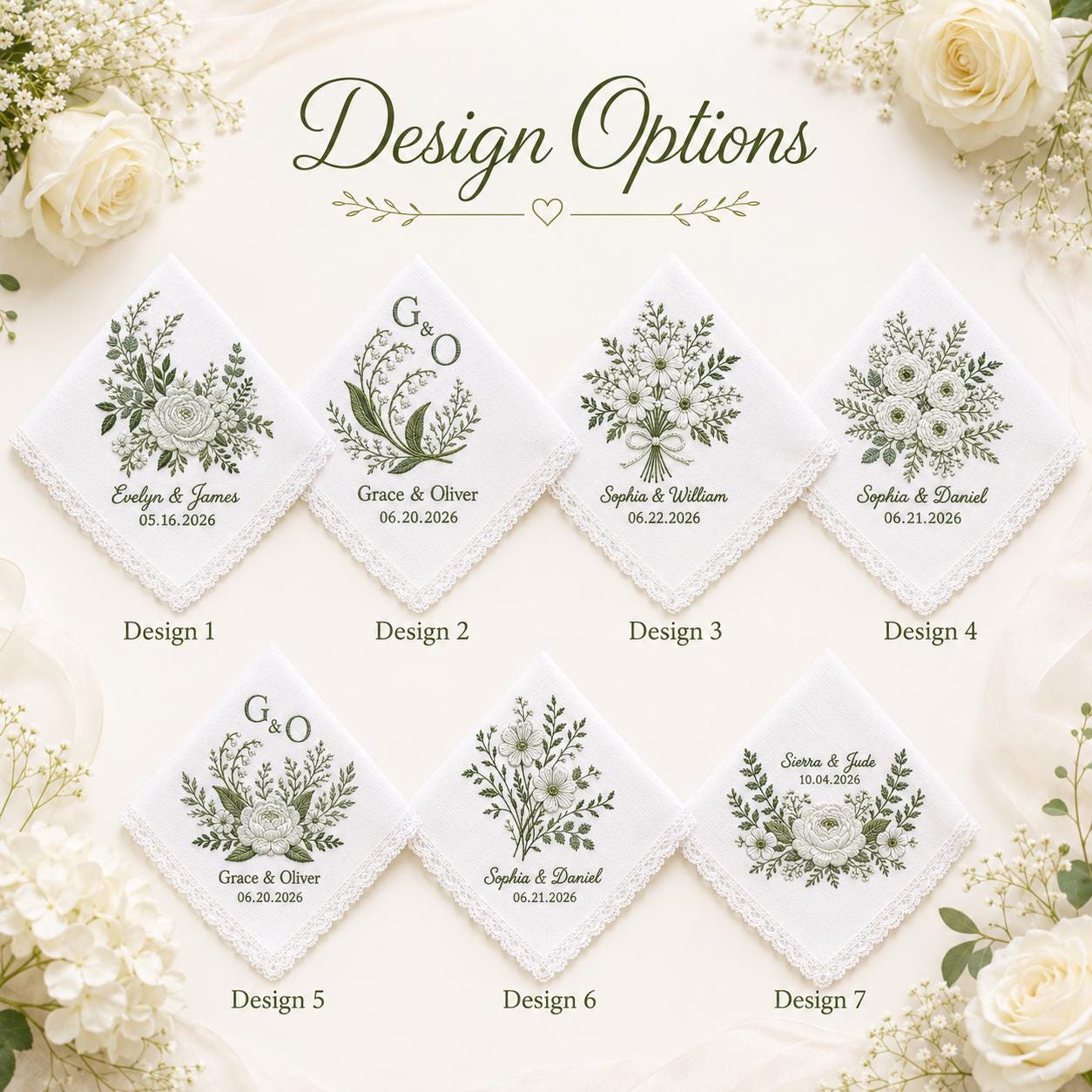 Embroidered Wedding Handkerchief with Custom Floral Hankie for Bride and Bridal Gift Personalized with Name and Date - photo 4