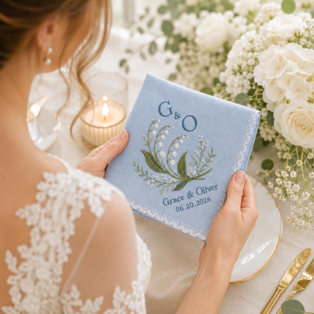 Embroidered Wedding Handkerchief with Custom Floral Hankie for Bride and Bridal Gift Personalized with Name and Date - photo 9