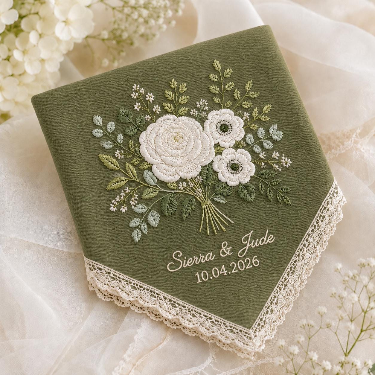 Embroidered Wedding Handkerchief with Custom Floral Hankie for Bride and Bridal Gift Personalized with Name and Date - photo 12