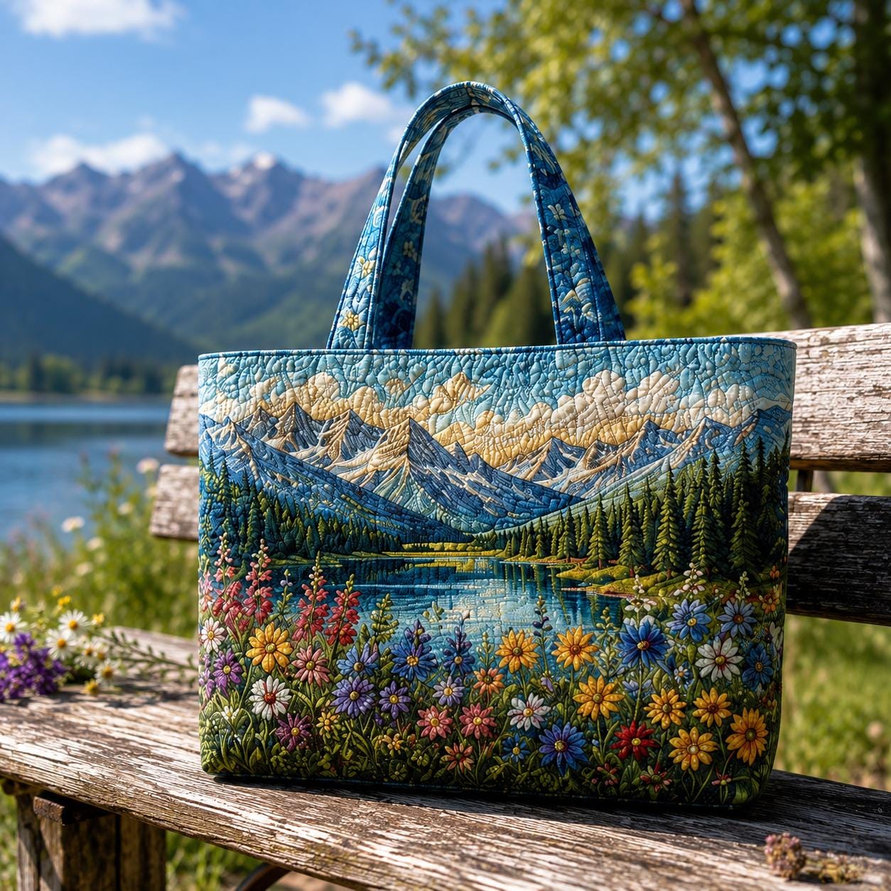 Personalized Mountain Quilted Styleed Tote Bag with Lake Landscape Shoulder Bag and Wildflower Nature Travel Purse Gift For Outdoor Lover