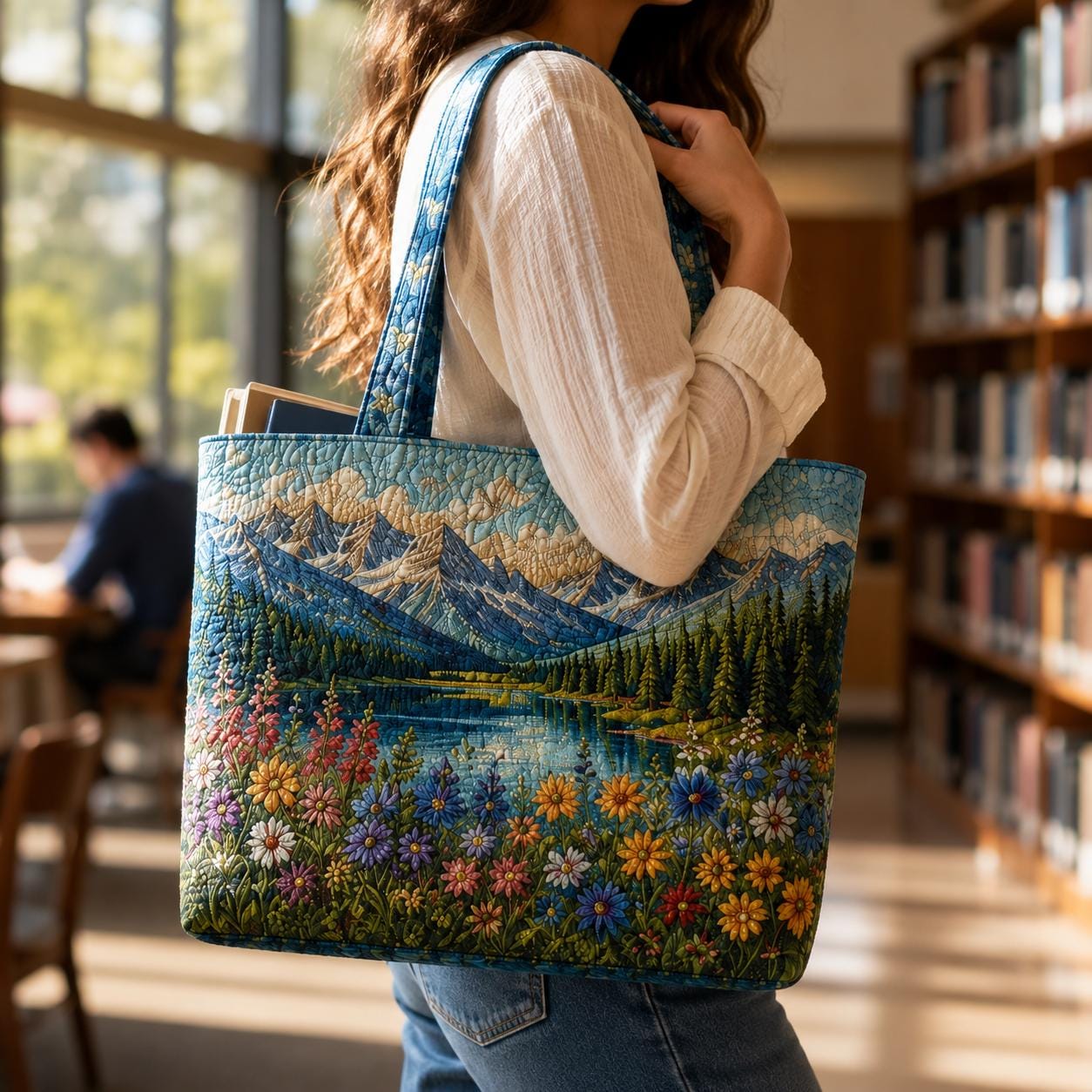 Personalized Mountain Quilted Styleed Tote Bag with Lake Landscape Shoulder Bag and Wildflower Nature Travel Purse Gift For Outdoor Lover - photo 2