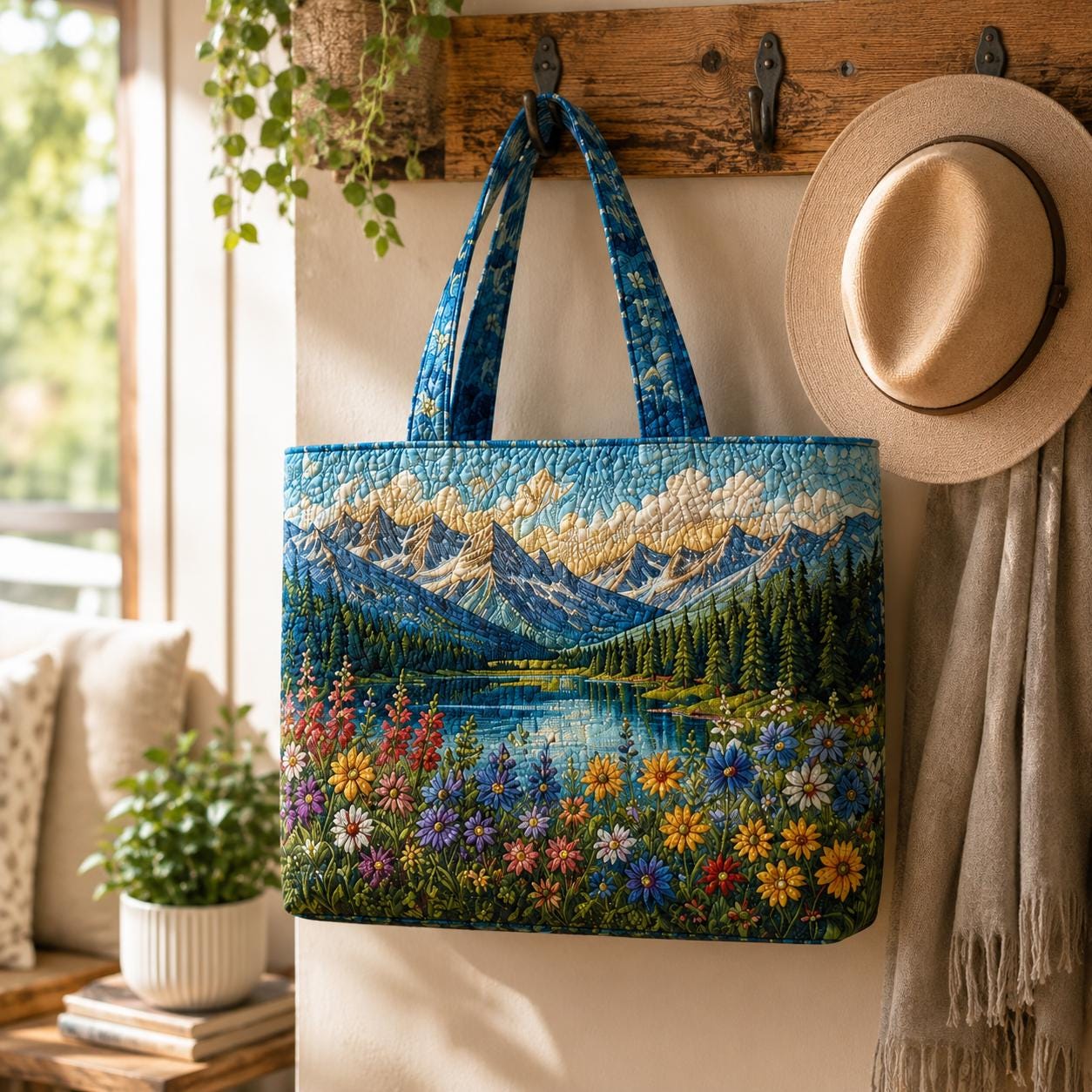 Personalized Mountain Quilted Styleed Tote Bag with Lake Landscape Shoulder Bag and Wildflower Nature Travel Purse Gift For Outdoor Lover - photo 3
