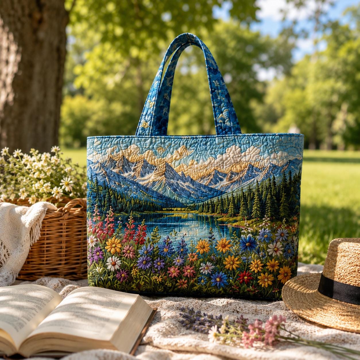 Personalized Mountain Quilted Styleed Tote Bag with Lake Landscape Shoulder Bag and Wildflower Nature Travel Purse Gift For Outdoor Lover - photo 4