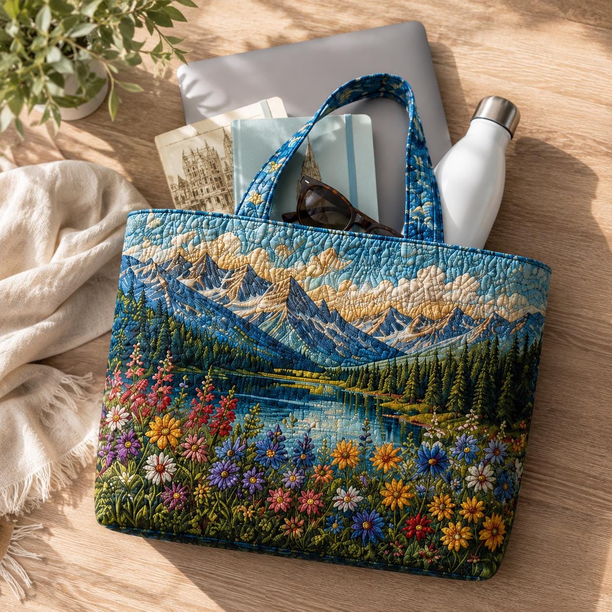 Personalized Mountain Quilted Styleed Tote Bag with Lake Landscape Shoulder Bag and Wildflower Nature Travel Purse Gift For Outdoor Lover - photo 6