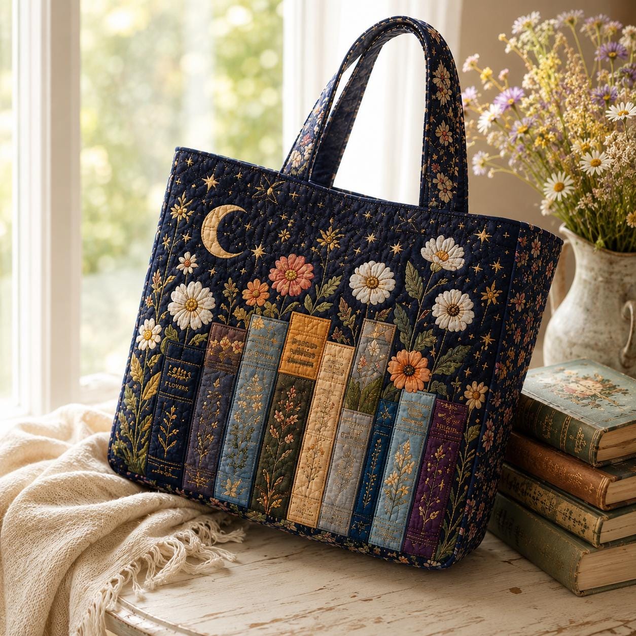 Personalized Book Lover Style Tote Bag with Bookshelf Shoulder Bag and Floral Library Purse Reader Gift For Her