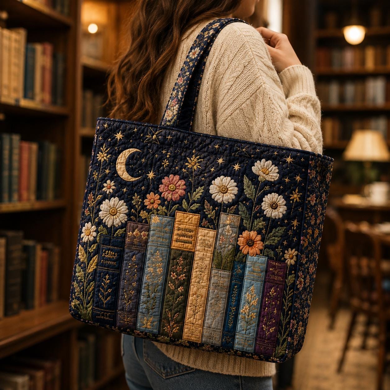 Personalized Book Lover Style Tote Bag with Bookshelf Shoulder Bag and Floral Library Purse Reader Gift For Her - photo 2