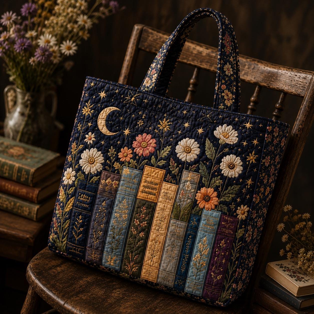 Personalized Book Lover Style Tote Bag with Bookshelf Shoulder Bag and Floral Library Purse Reader Gift For Her - photo 3