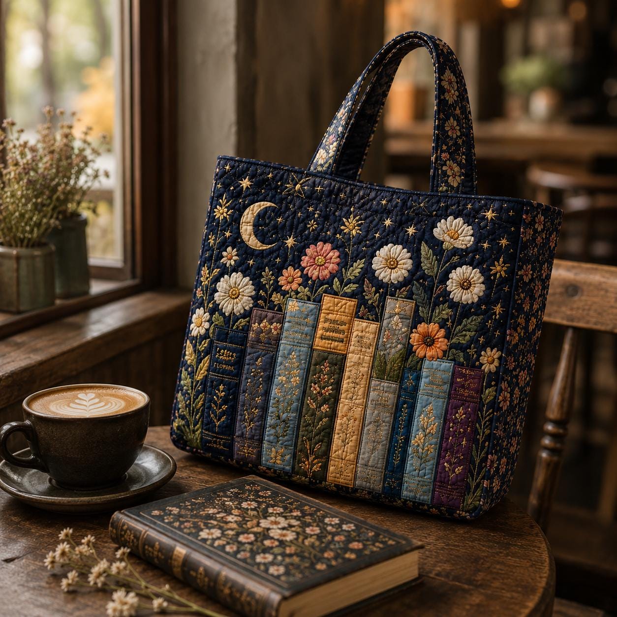 Personalized Book Lover Style Tote Bag with Bookshelf Shoulder Bag and Floral Library Purse Reader Gift For Her - photo 5