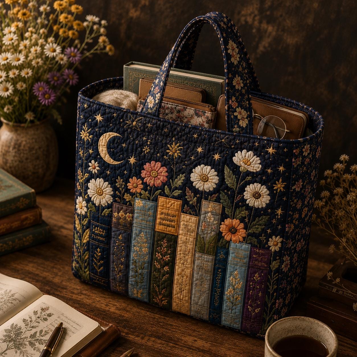 Personalized Book Lover Style Tote Bag with Bookshelf Shoulder Bag and Floral Library Purse Reader Gift For Her - photo 7