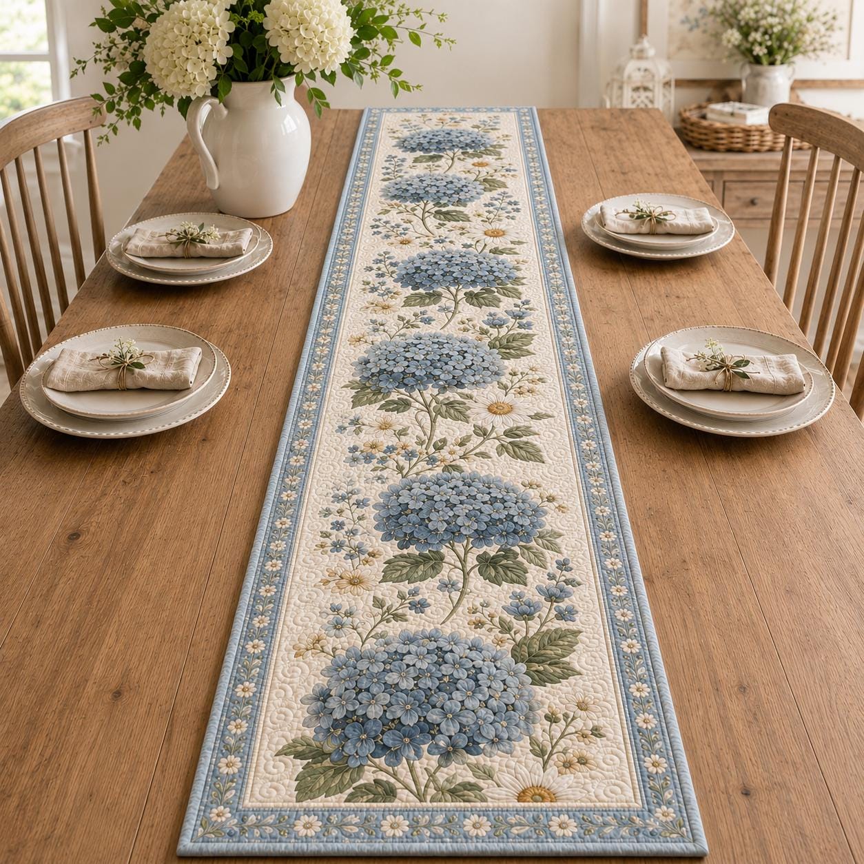 Blue Floral Hydrangea Quilted Style Table Runner with Cottage Daisy Table Decor and Farmhouse Dining Runner