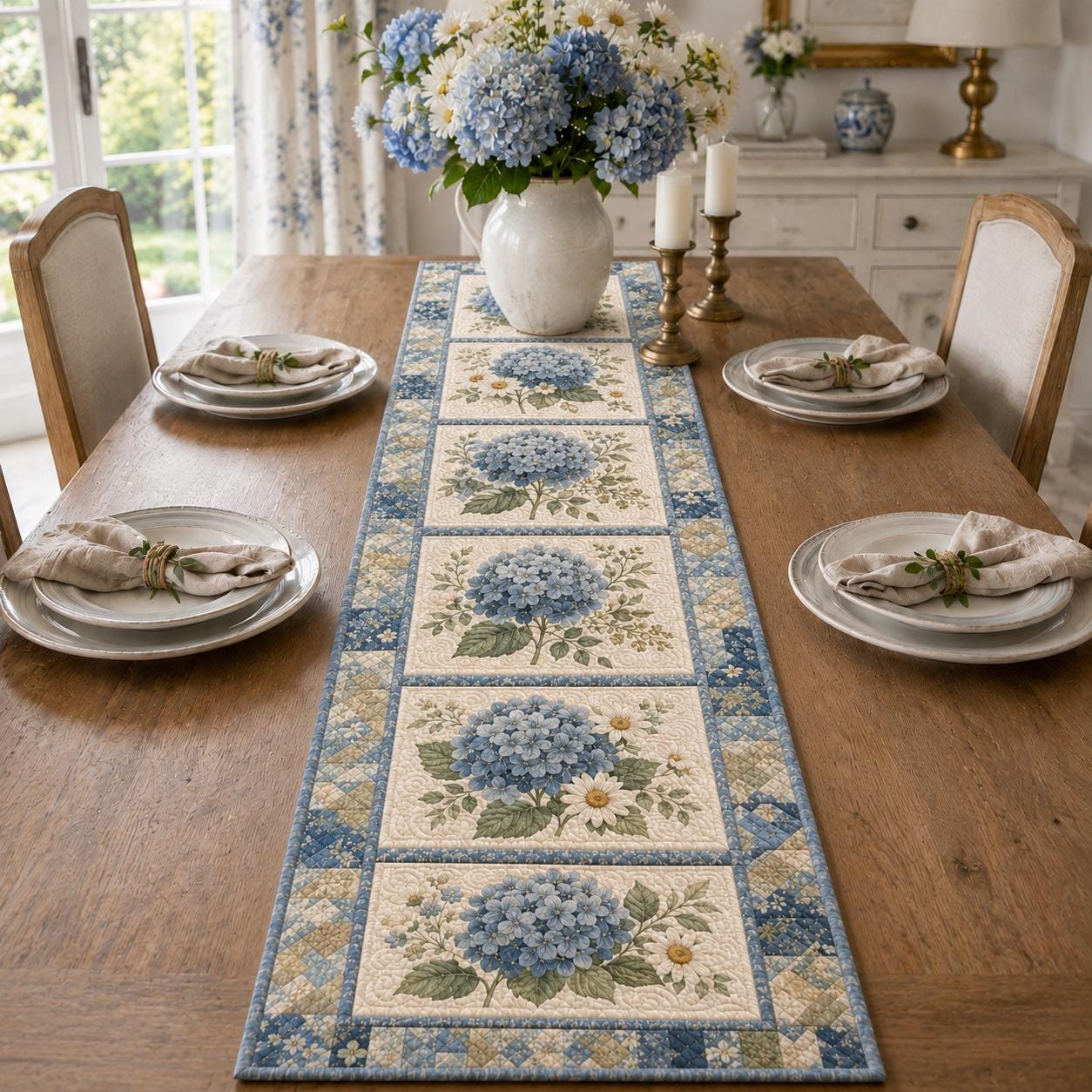 Blue Floral Hydrangea Quilted Style Table Runner with Cottage Daisy Table Decor and Farmhouse Dining Runner - photo 2