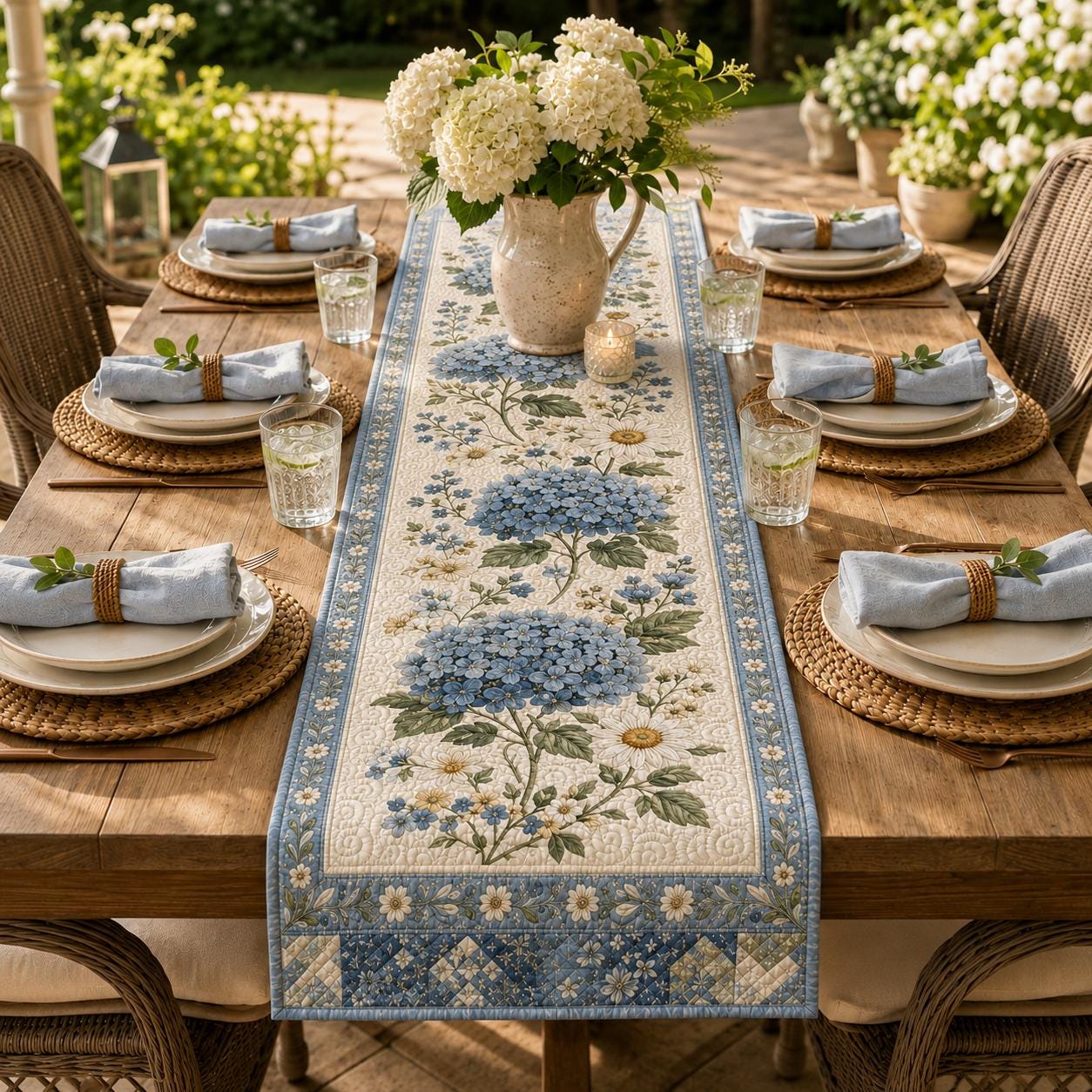 Blue Floral Hydrangea Quilted Style Table Runner with Cottage Daisy Table Decor and Farmhouse Dining Runner - photo 6