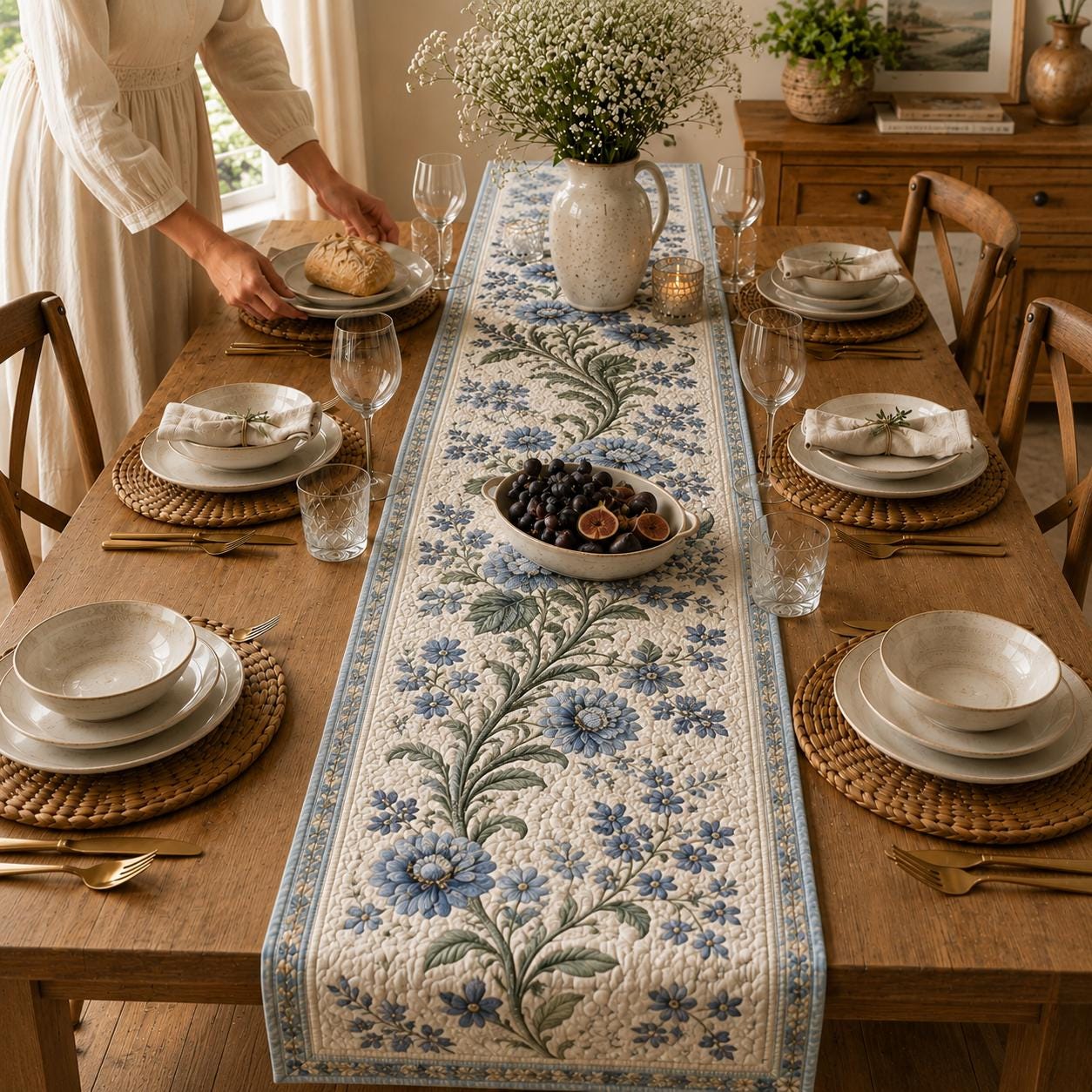 Blue Floral Hydrangea Quilted Style Table Runner with Cottage Daisy Table Decor and Farmhouse Dining Runner - photo 7