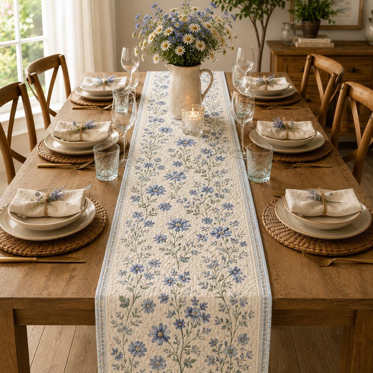 Blue Floral Hydrangea Quilted Style Table Runner with Cottage Daisy Table Decor and Farmhouse Dining Runner - photo 9