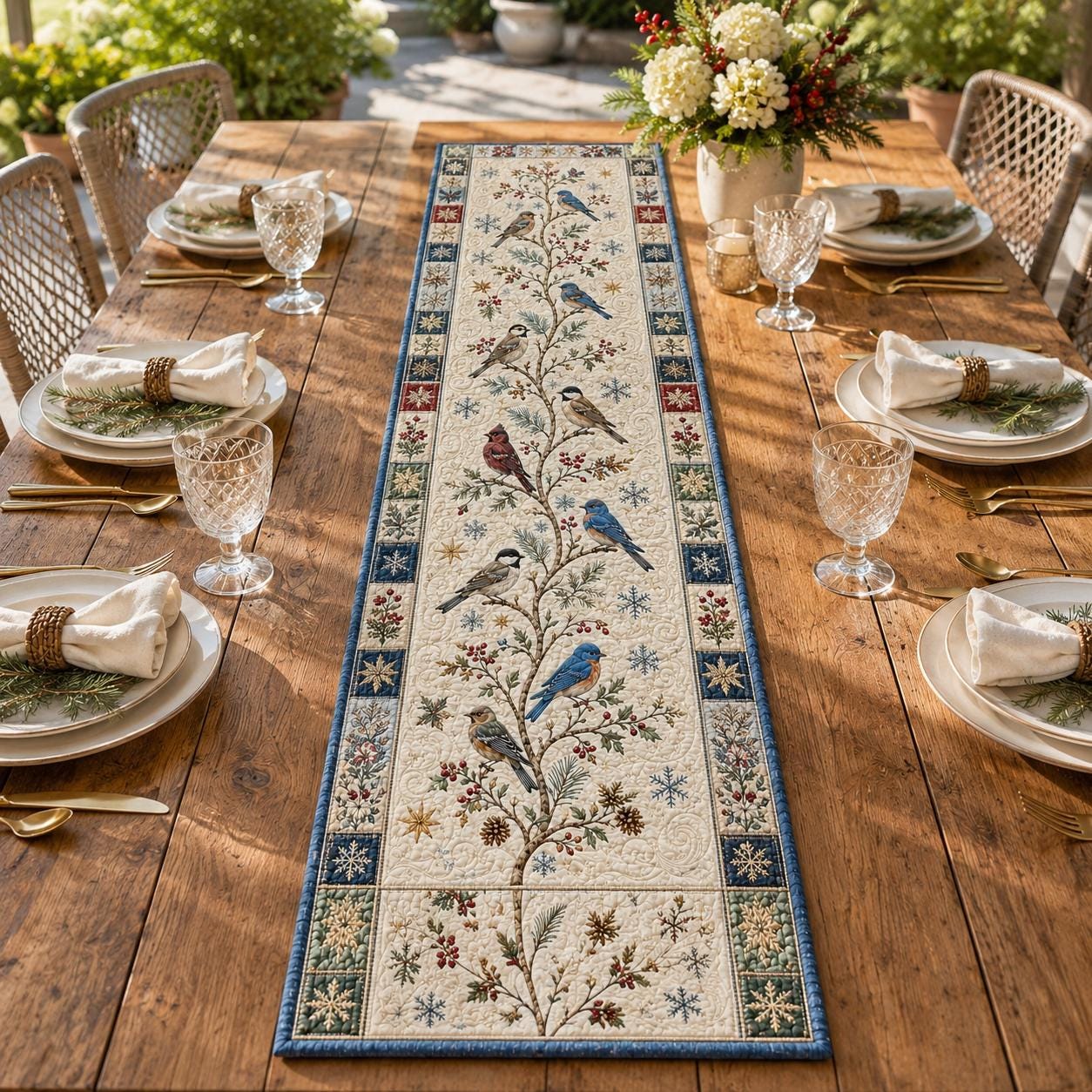 Winter Birds Quilted Styleed-Style Table Runner with Christmas Farmhouse Holiday Decor and Poinsettia Holiday Quilted Style