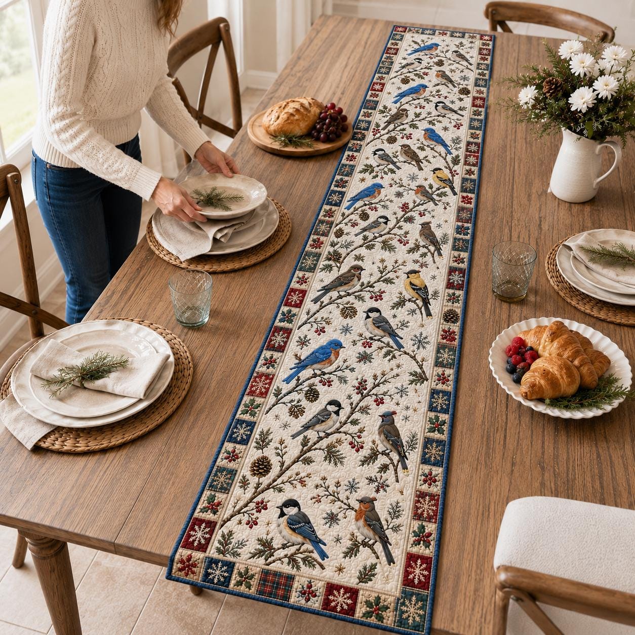 Winter Birds Quilted Styleed-Style Table Runner with Christmas Farmhouse Holiday Decor and Poinsettia Holiday Quilted Style - photo 2
