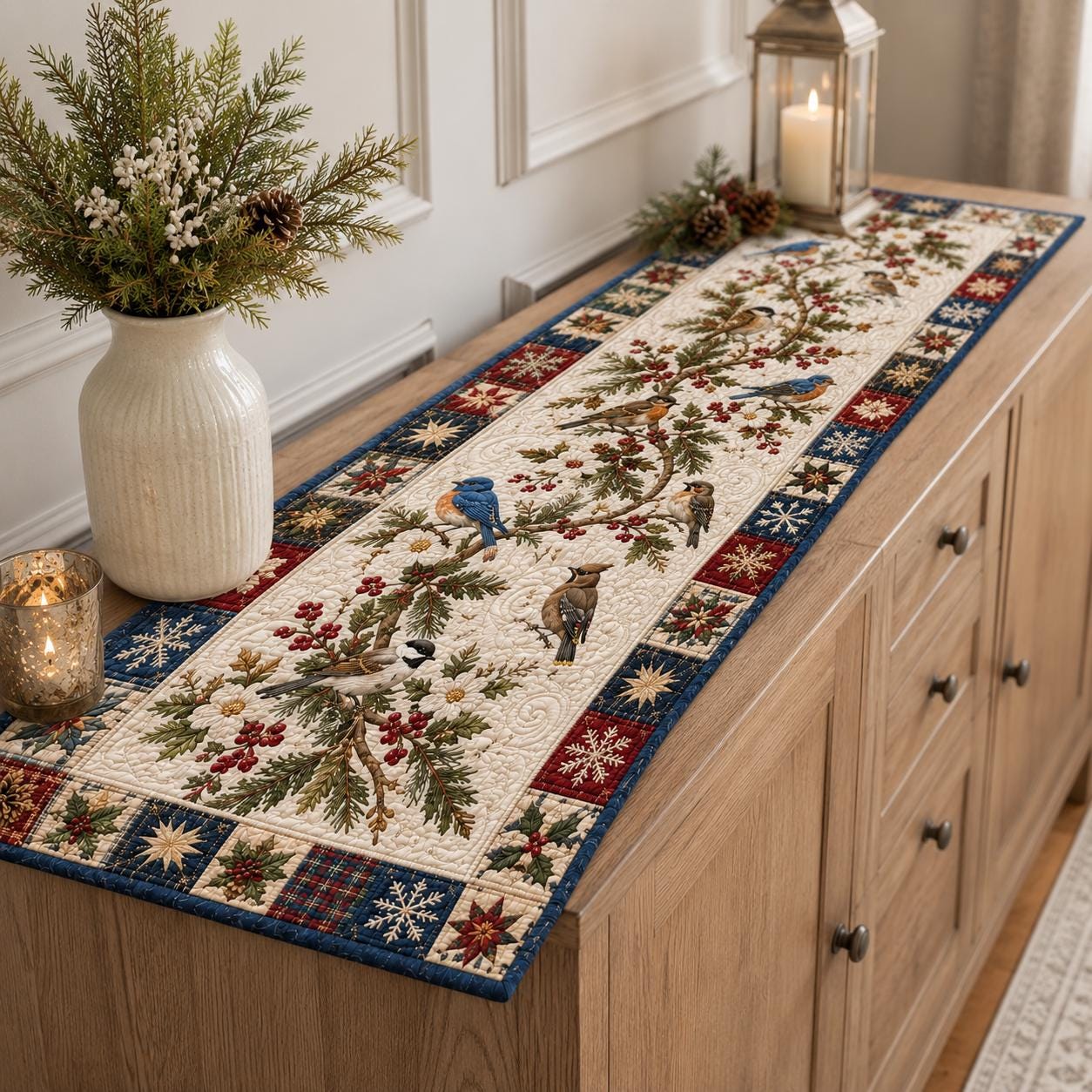 Winter Birds Quilted Styleed-Style Table Runner with Christmas Farmhouse Holiday Decor and Poinsettia Holiday Quilted Style - photo 3