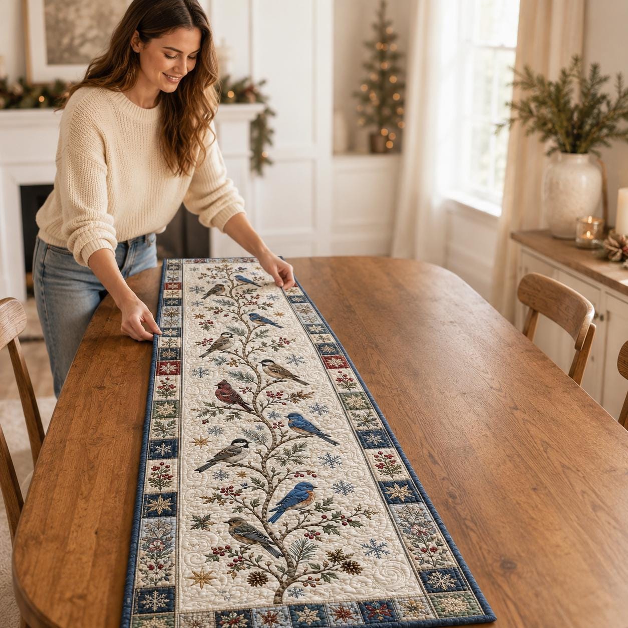 Winter Birds Quilted Styleed-Style Table Runner with Christmas Farmhouse Holiday Decor and Poinsettia Holiday Quilted Style - photo 6