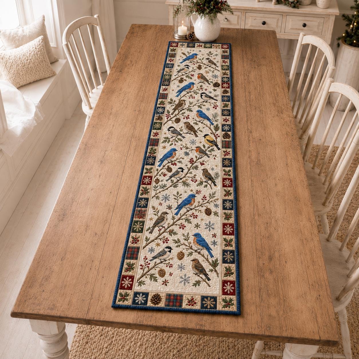 Winter Birds Quilted Styleed-Style Table Runner with Christmas Farmhouse Holiday Decor and Poinsettia Holiday Quilted Style - photo 8