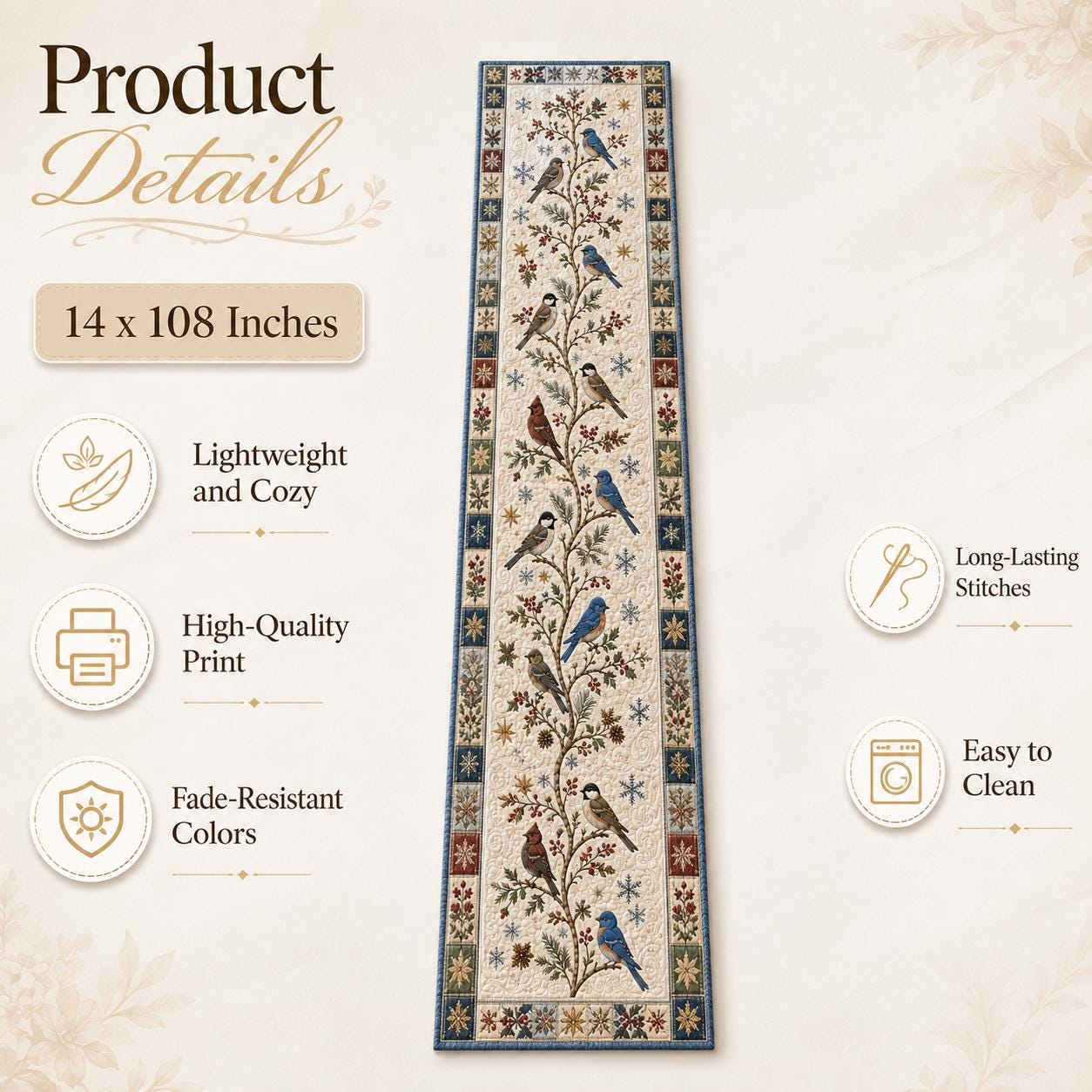 Winter Birds Quilted Styleed-Style Table Runner with Christmas Farmhouse Holiday Decor and Poinsettia Holiday Quilted Style - photo 9