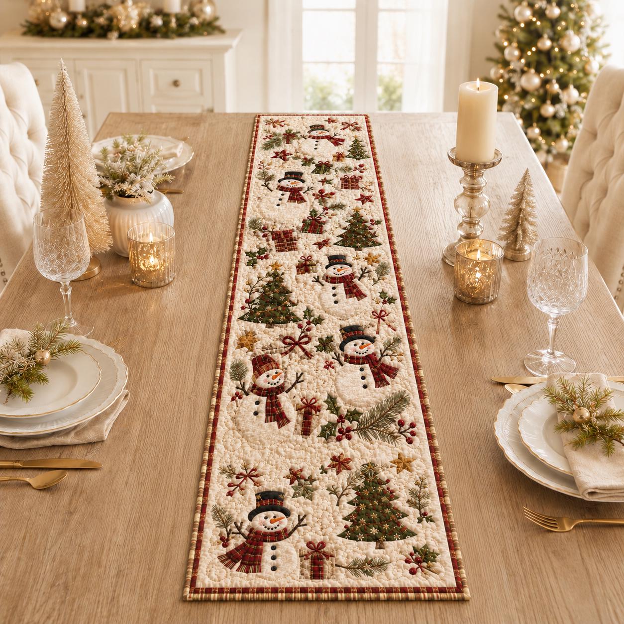 Farmhouse Christmas Snowman Quilted Style Table Runner – Winter Holiday Decor and Quilt