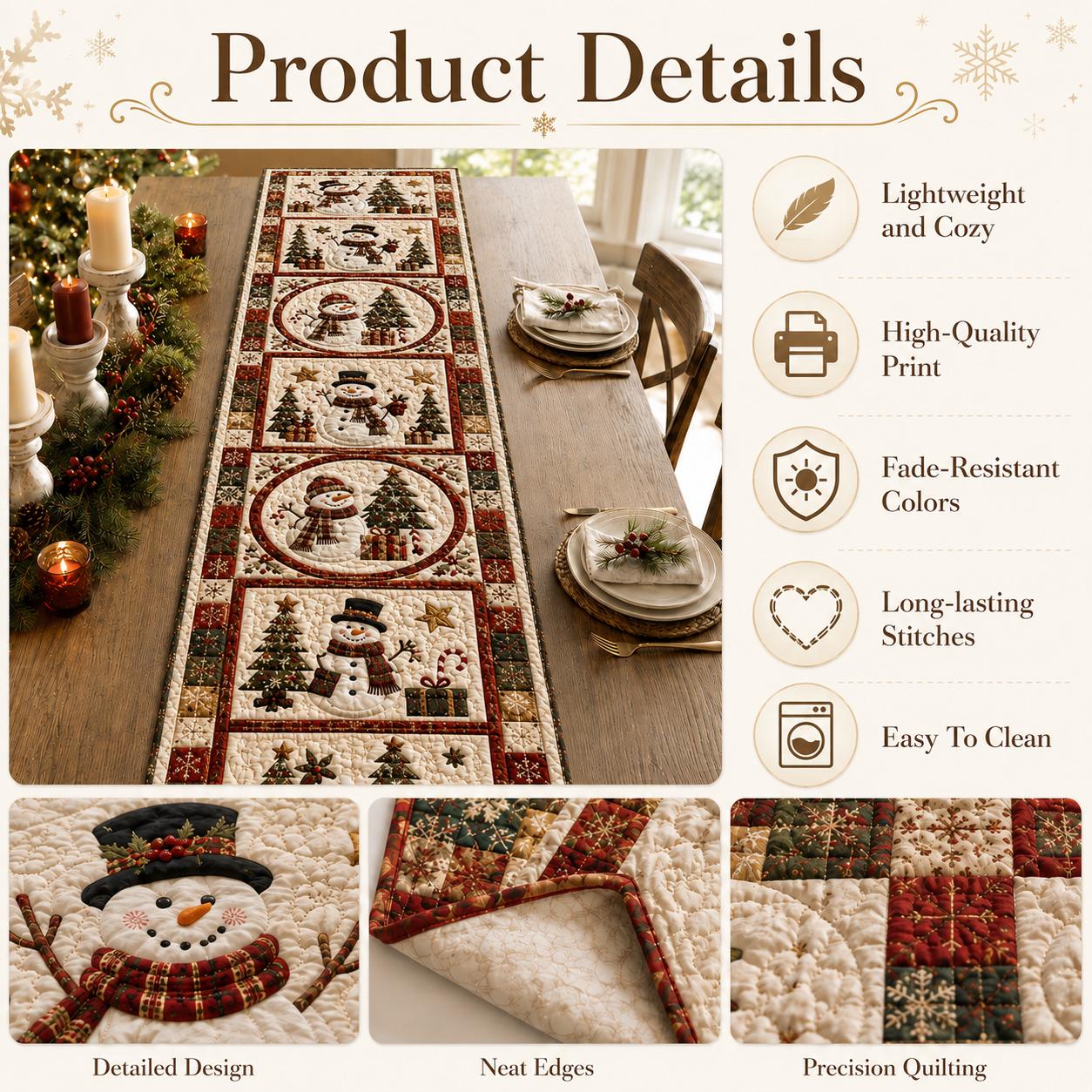 Farmhouse Christmas Snowman Quilted Style Table Runner – Winter Holiday Decor and Quilt - photo 6