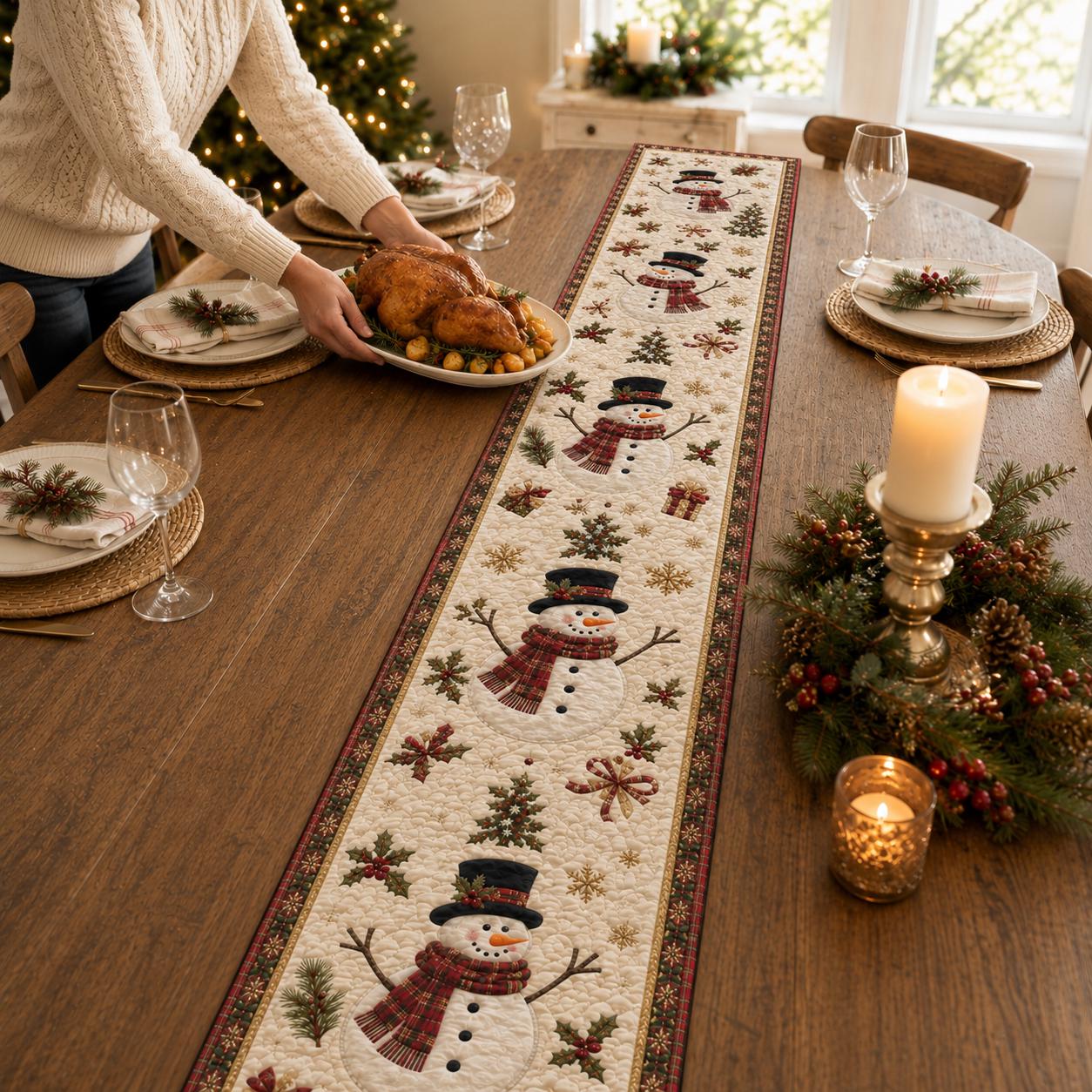 Farmhouse Christmas Snowman Quilted Style Table Runner – Winter Holiday Decor and Quilt - photo 7
