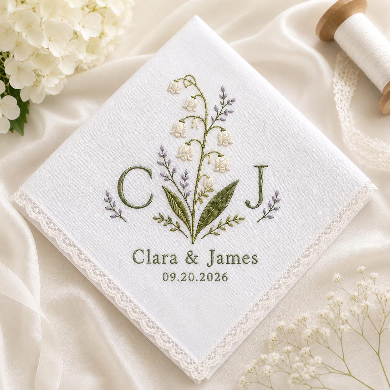 Personalized Lily Of The Valley Wedding Handkerchief with Custom Embroidered Monogram Keepsake and Bride's Something Blue Gift Wedding Keepsake