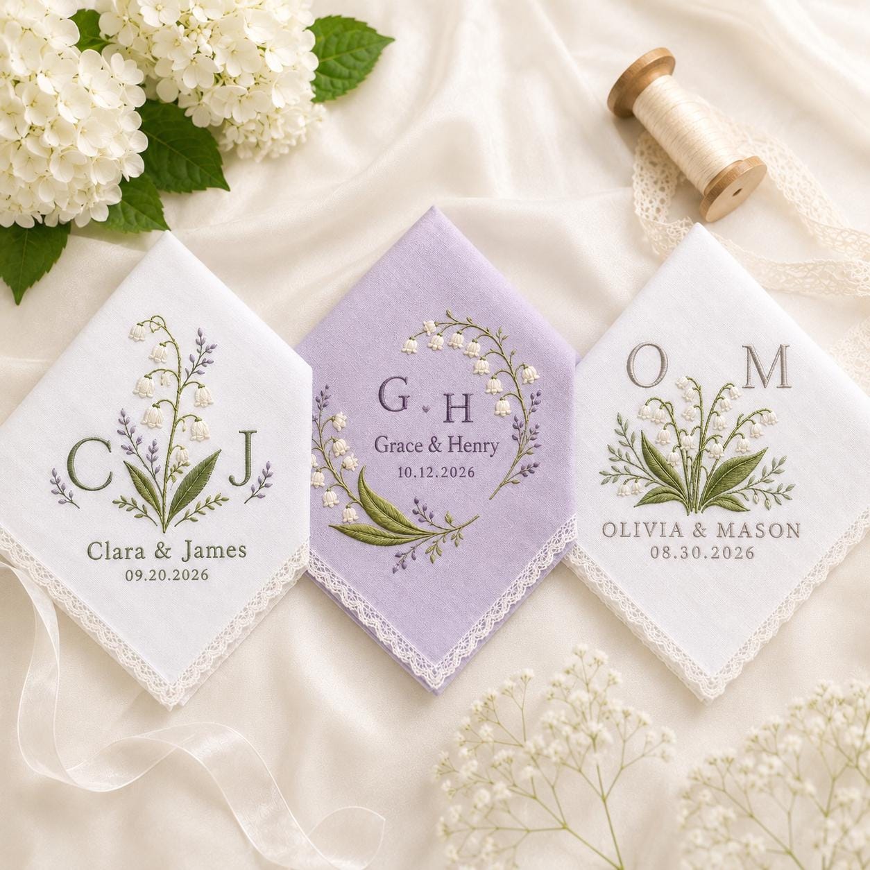 Personalized Lily Of The Valley Wedding Handkerchief with Custom Embroidered Monogram Keepsake and Bride's Something Blue Gift Wedding Keepsake - photo 2