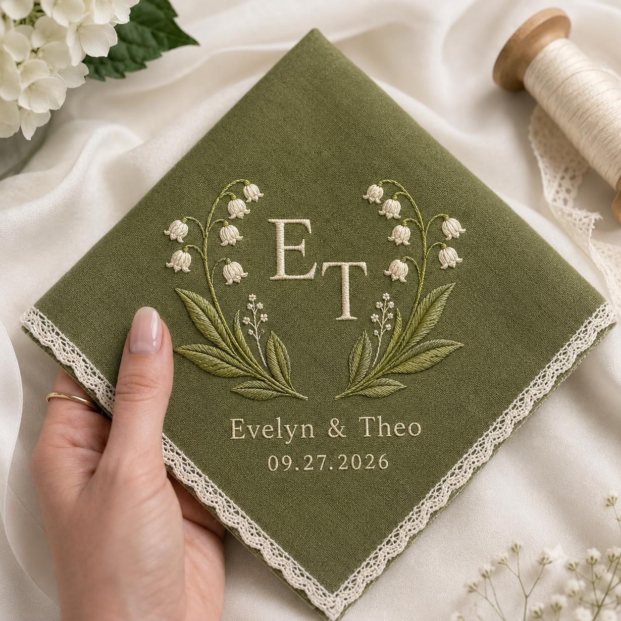 Personalized Lily Of The Valley Wedding Handkerchief with Custom Embroidered Monogram Keepsake and Bride's Something Blue Gift Wedding Keepsake - photo 3