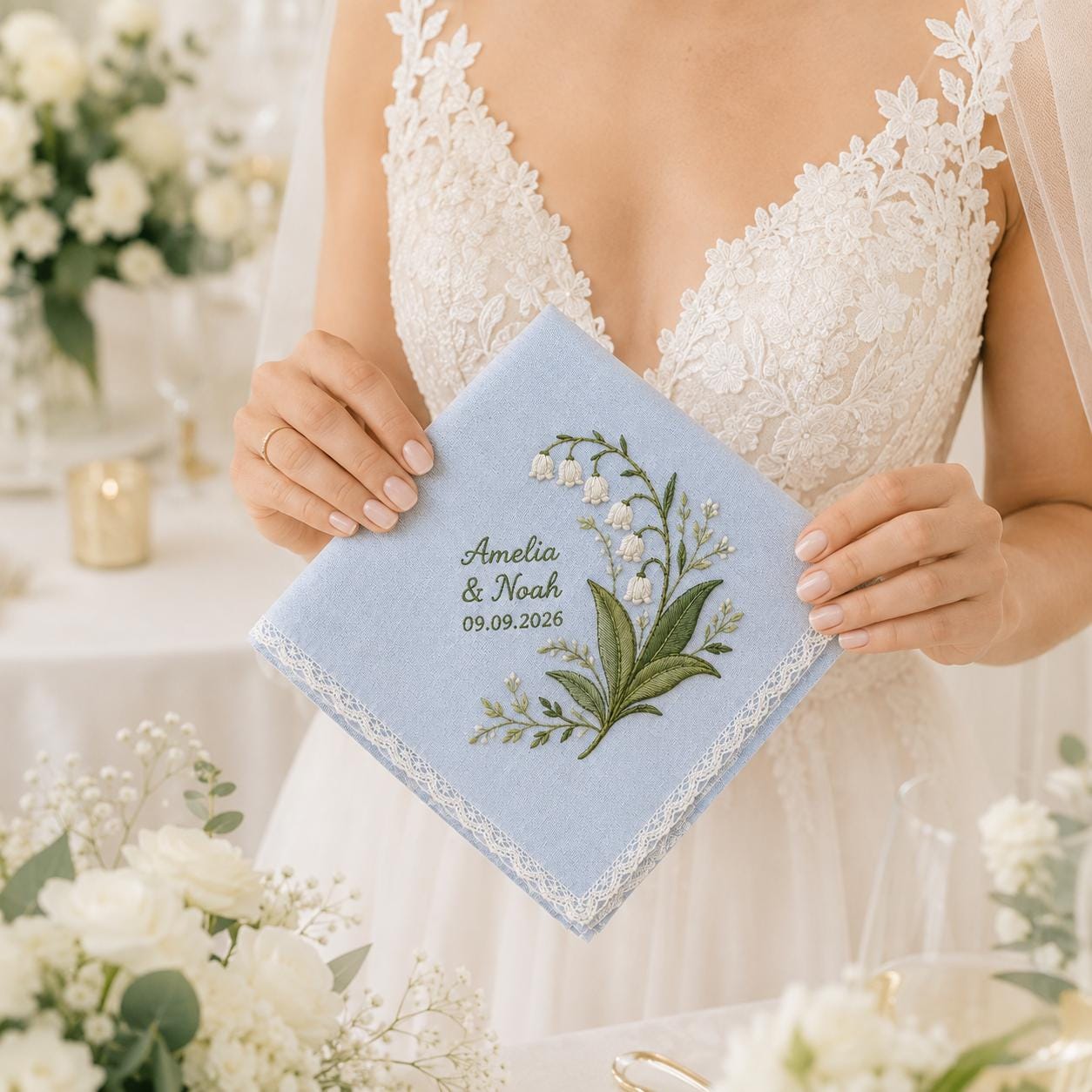 Personalized Lily Of The Valley Wedding Handkerchief with Custom Embroidered Monogram Keepsake and Bride's Something Blue Gift Wedding Keepsake - photo 9