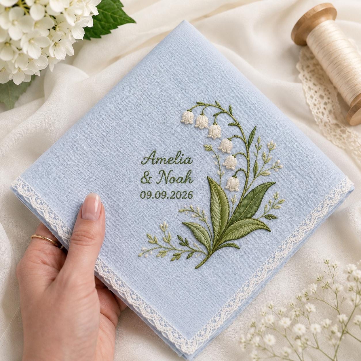 Personalized Lily Of The Valley Wedding Handkerchief with Custom Embroidered Monogram Keepsake and Bride's Something Blue Gift Wedding Keepsake - photo 11