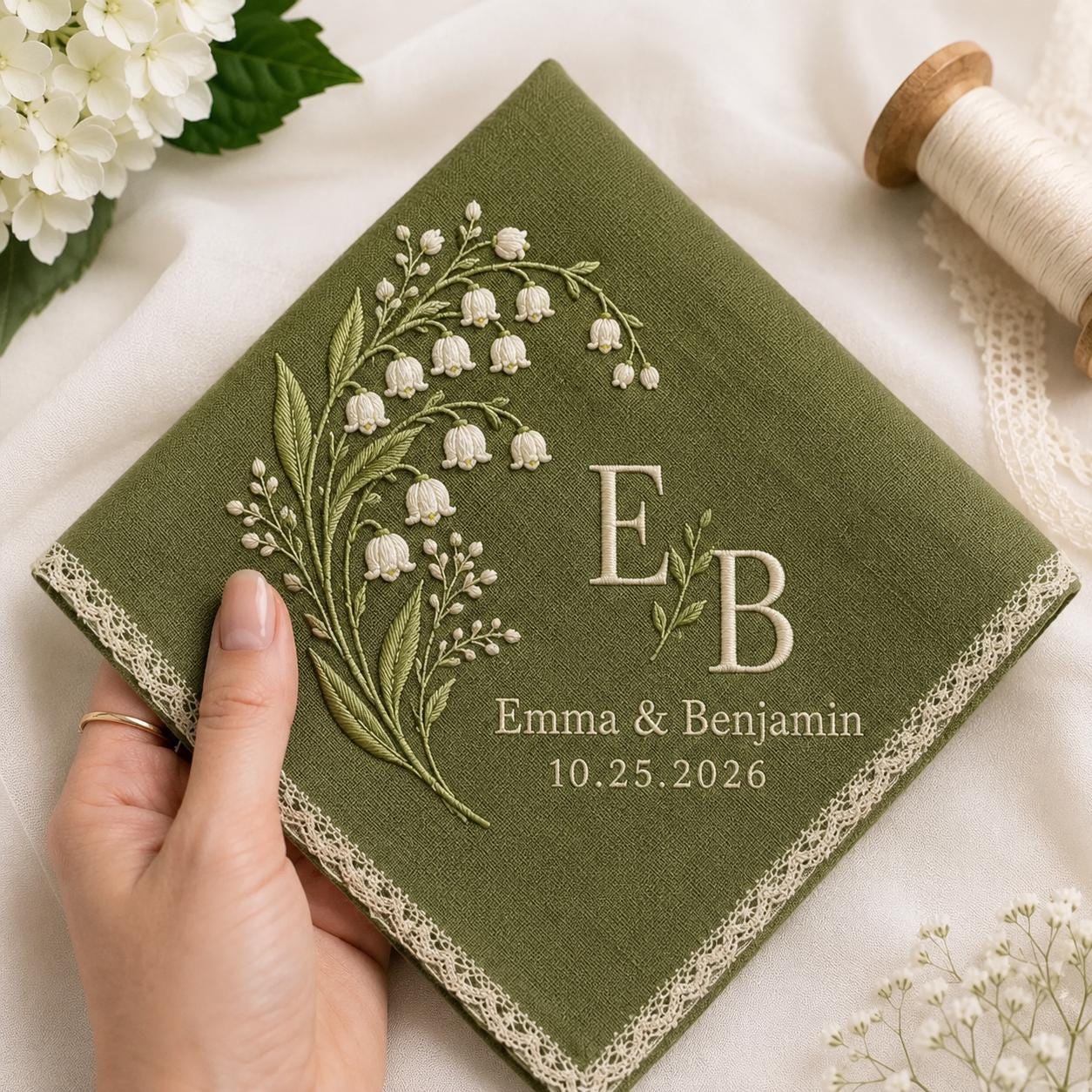 Personalized Lily Of The Valley Wedding Handkerchief with Custom Embroidered Monogram Keepsake and Bride's Something Blue Gift Wedding Keepsake - photo 12