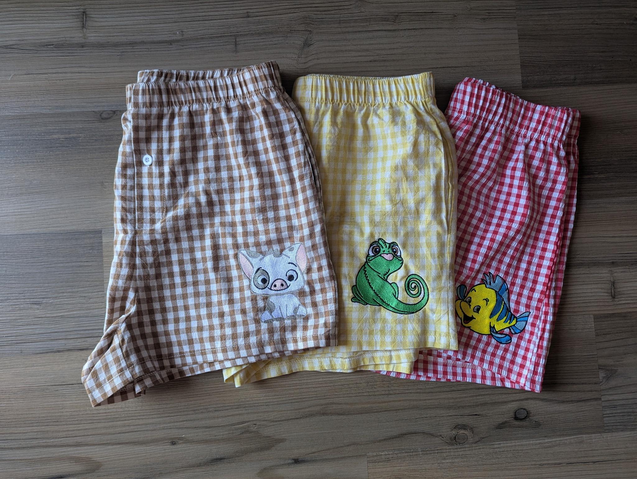 Womens Embroidered Disney Boxer Shorts with Mickey, Minnie and Flounder Animal Characters for Disneyland WDW Summer Vibes