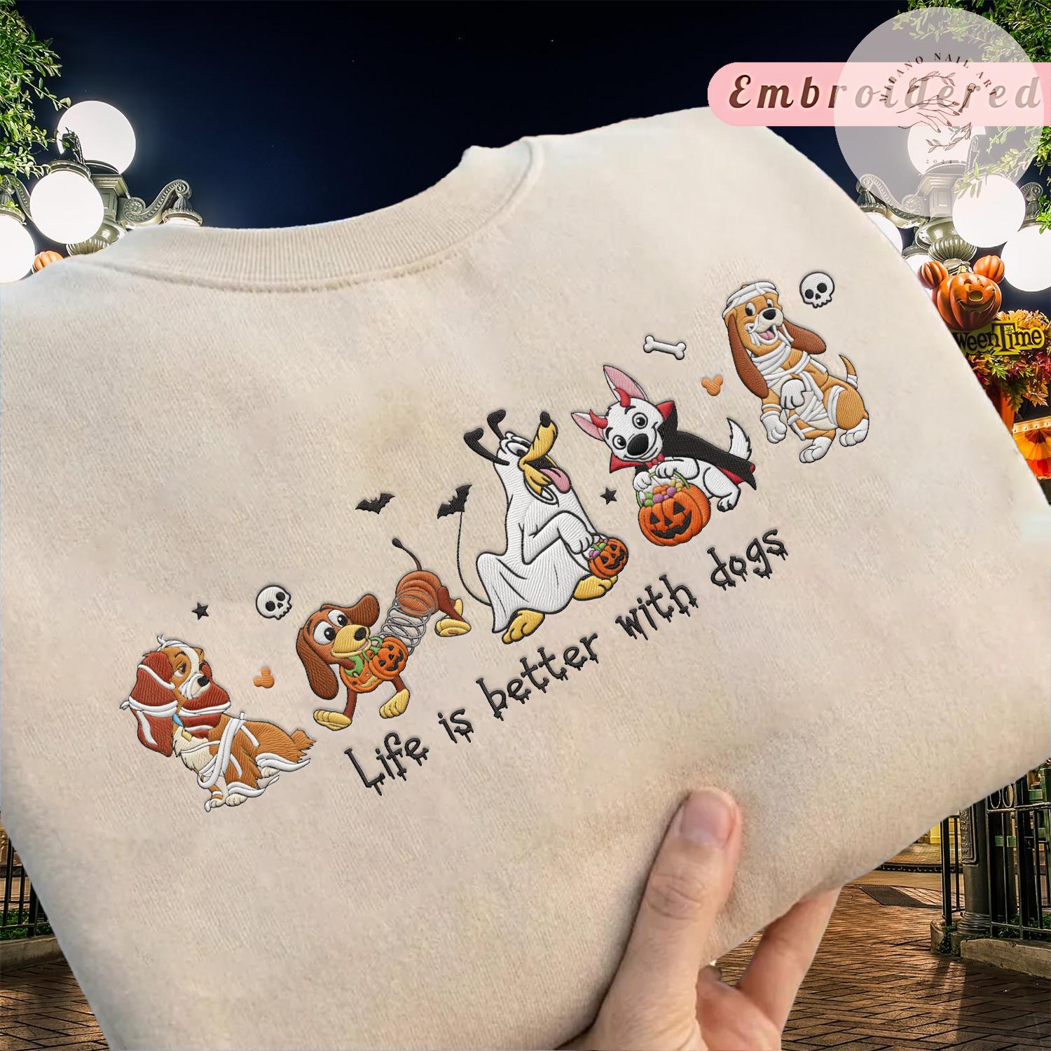 Embroidered Disney Dogs Halloween T-Shirt Sweatshirt with Pluto Lady Bolt and Copper – WDW Disneyland Baby Tee Lace Trim Tank