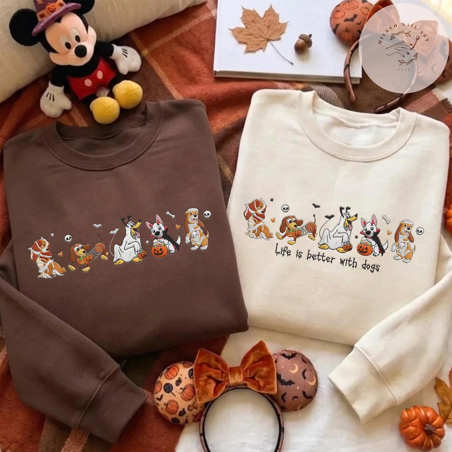 Embroidered Disney Dogs Halloween T-Shirt Sweatshirt with Pluto Lady Bolt and Copper – WDW Disneyland Baby Tee Lace Trim Tank - photo 2