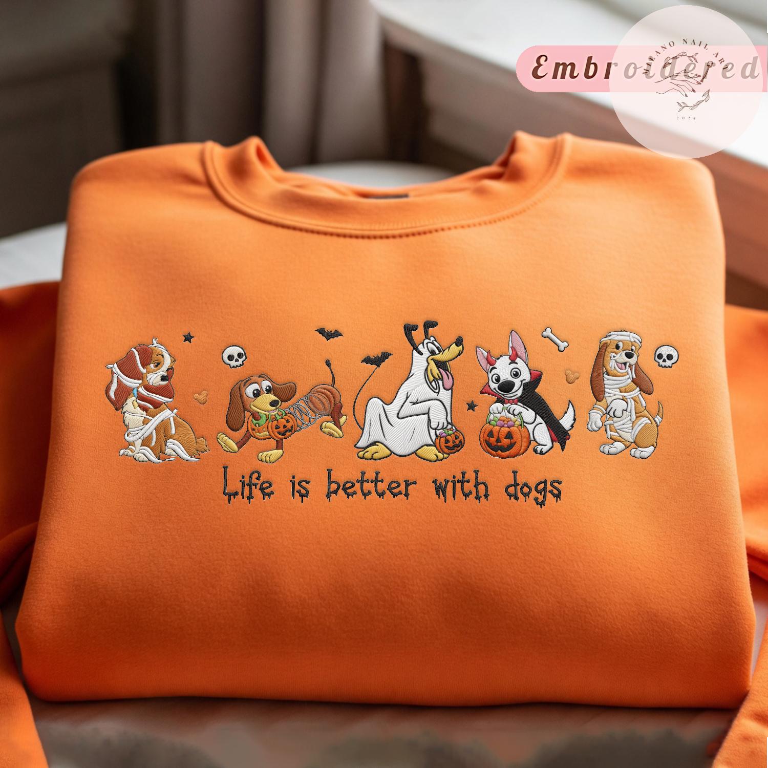 Embroidered Disney Dogs Halloween T-Shirt Sweatshirt with Pluto Lady Bolt and Copper – WDW Disneyland Baby Tee Lace Trim Tank - photo 3