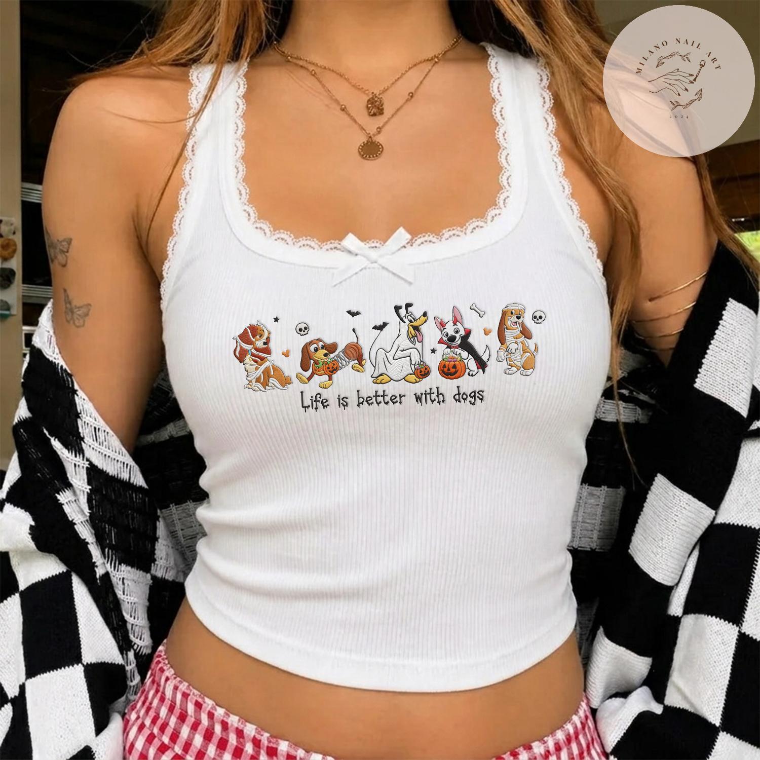 Embroidered Disney Dogs Halloween T-Shirt Sweatshirt with Pluto Lady Bolt and Copper – WDW Disneyland Baby Tee Lace Trim Tank - photo 4