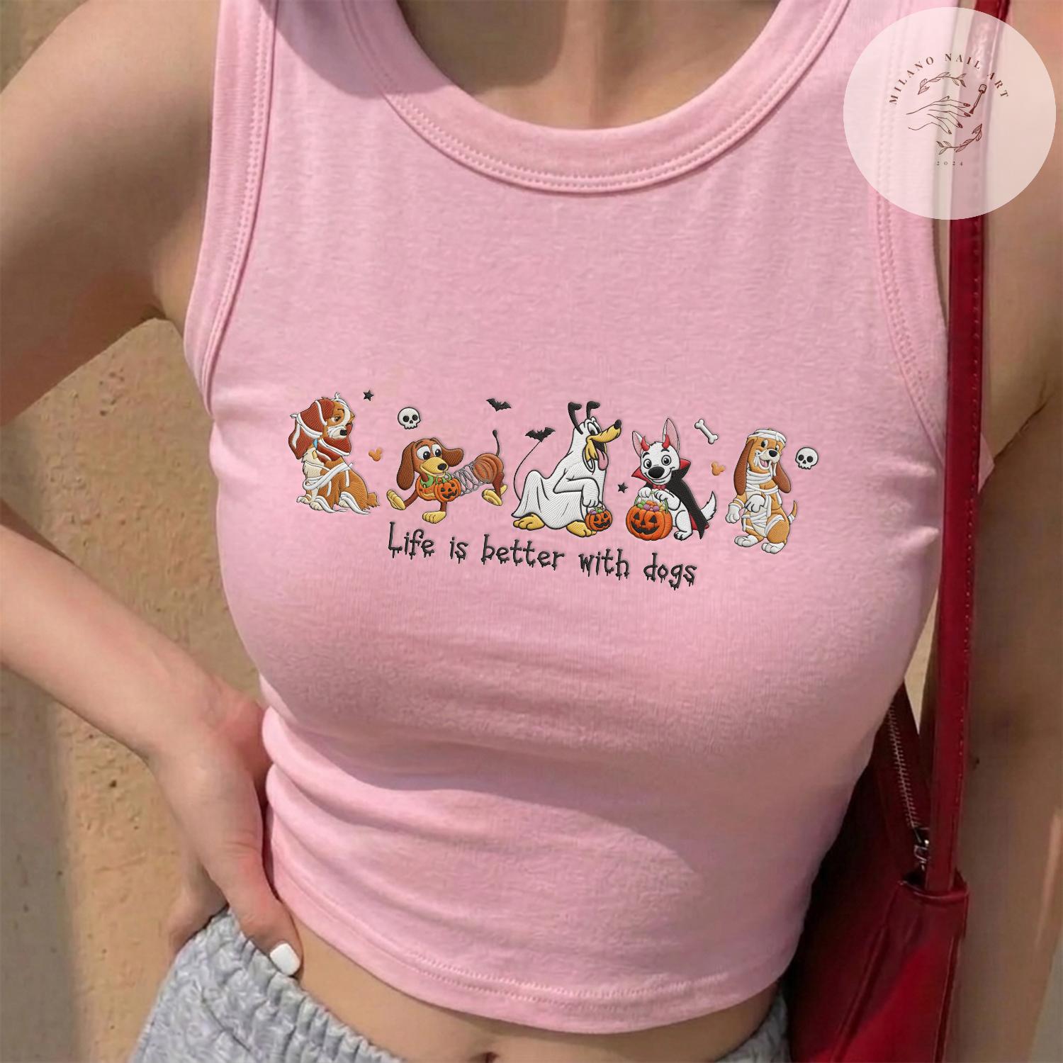 Embroidered Disney Dogs Halloween T-Shirt Sweatshirt with Pluto Lady Bolt and Copper – WDW Disneyland Baby Tee Lace Trim Tank - photo 6